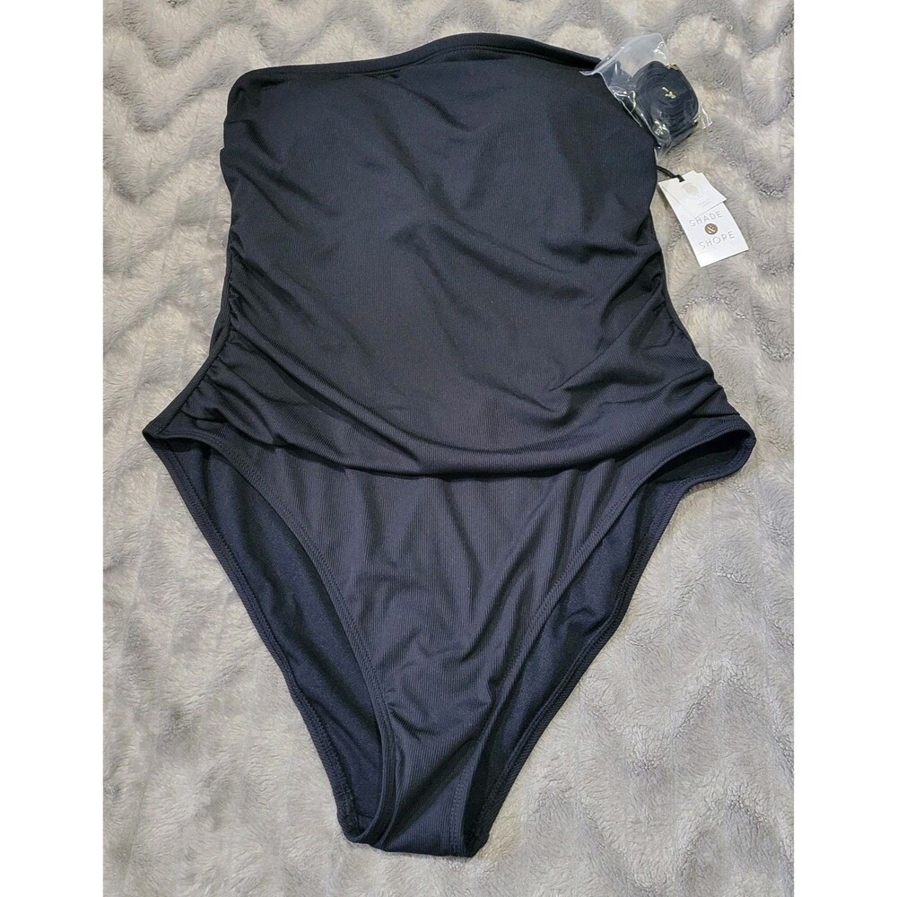 Shade & Shore Womens XL 16 Solod Black Strapless One Piece Swimsuit NWT